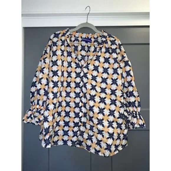 Ro's Garden Blue White Floral Lavinia Rachel Shirt Bell Cuff Block Cotton S - Picture 5 of 9